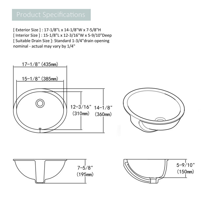 MEJE 14.2'' White Ceramic Oval Undermount Bathroom Sink with Overflow